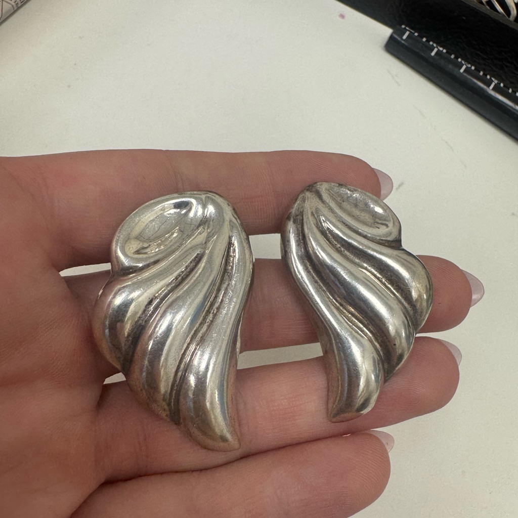 Vintage Mexico Sterling Silver Wave Clip-On Earrings